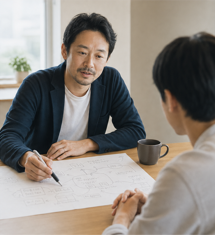 システムの図を囲んで相談するイメージ